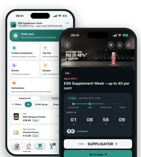 Suppligator app on iPhone: a deal-start notification and a live deal with countdown and the SUPPLIGATOR code