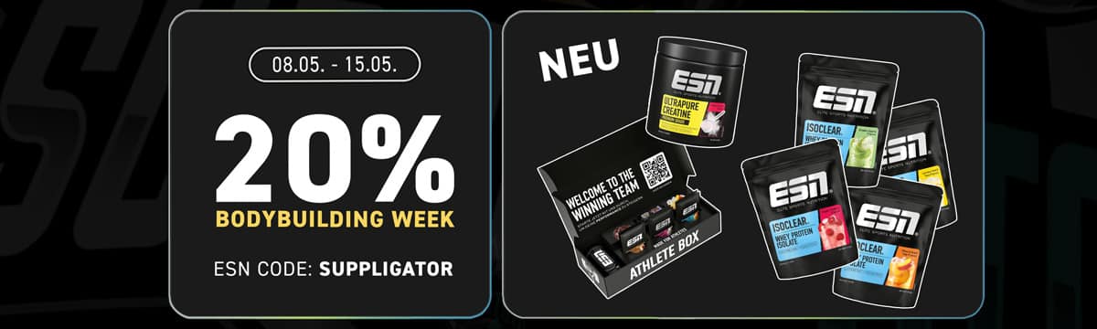 20% off during ESN Bodybuilding Week, with lots of new product launches