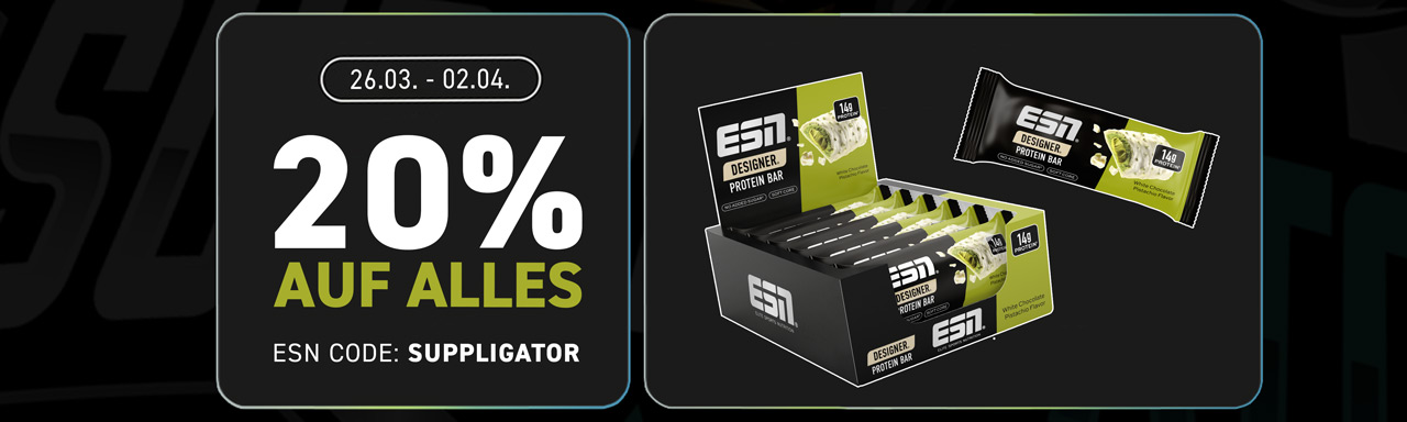20% off everything at ESN + launch of the new White Chocolate Pistachio Designer Bars